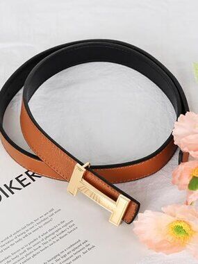 Women's Leather Belt with Gold Buckle, Versatile Waist Band, Size 24-36